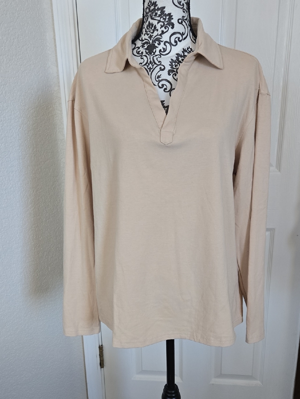 Neutral Beige Long Sleeve Polo Top